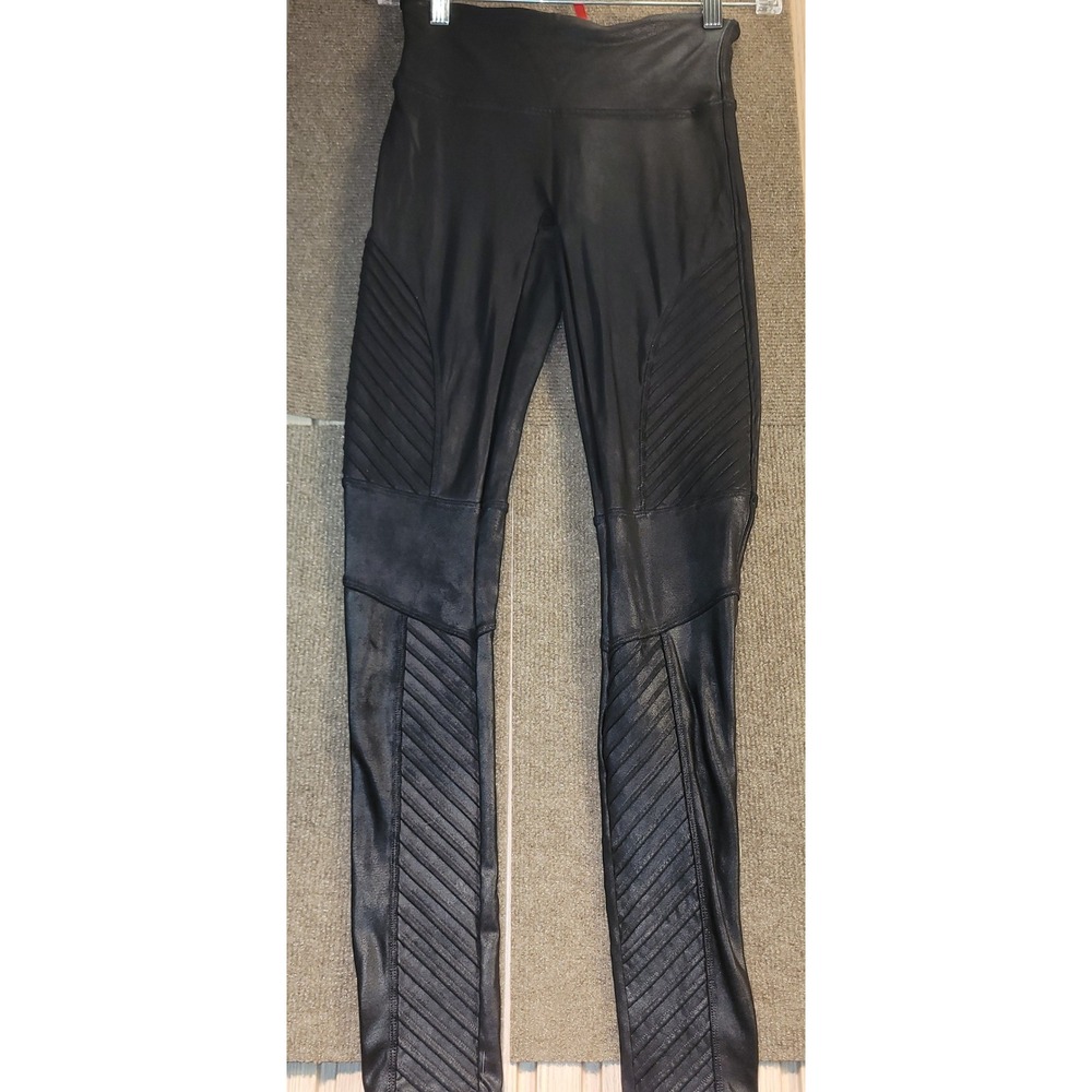 Spanx Moto Faux Leather Leggings Womens Small Petite Black Excellent Ribbed
